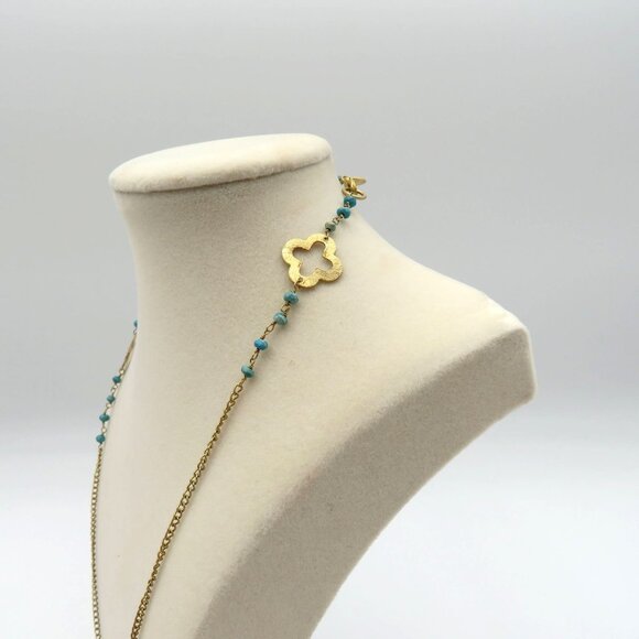 Station Necklace 17" Turquoise Beads Clover Charms Gold Tone Handmade In India - Picture 4 of 6
